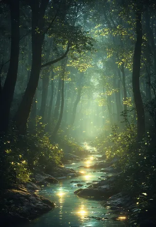 A glowing forest stream at night with ethereal luminosity and floating spectral light effects, surrounded by tall trees and softly illuminated foliage.