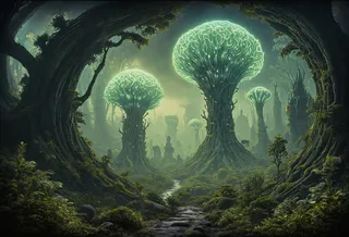 生物発光テクスチャを持つ巨大なキノコ形の樹木がそびえ立つ超現実的な異星の森。密生した異星の植物と神秘的な大気の深みで囲まれている。