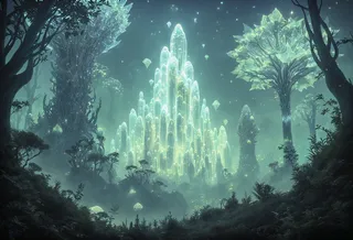 柔らかな幽玄の光を放つ高い結晶構造が立ち並び、生物発光テクスチャの暗い未来的な樹木に囲まれた霧の漂う大気の中の発光する地球外の森。