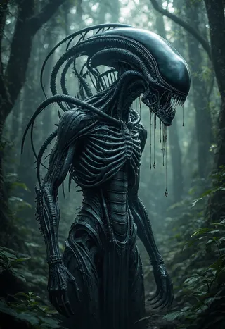 Detailed biomechanical Xenomorph alien with sleek exoskeleton and intricate skeletal structure standing in a misty forest surrounded by dark shadows.
