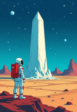 A lone astronaut in a white spacesuit with a red life support pack stands on rocky terrain, gazing at a tall jagged monolith under a starry sky in an alien landscape.