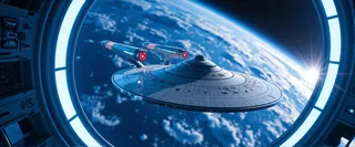 Highly detailed futuristic spaceship with prominent saucer section docked inside glowing orbital space station rings, Earth visible in the background.