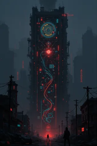 A dark, dystopian urban street scene dominated by a towering cyberpunk structure illuminated with glowing electro neon lights, featuring intricate digital circuitry and characters silhouetted in the foreground.