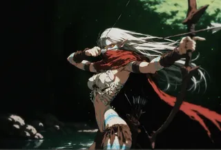 A fierce elf tribal warrior with white hair and amber eyes, drawing a bow in an enchanted forest, wearing brown fur clothes and white bone armor, with a red scarf covering her mouth.