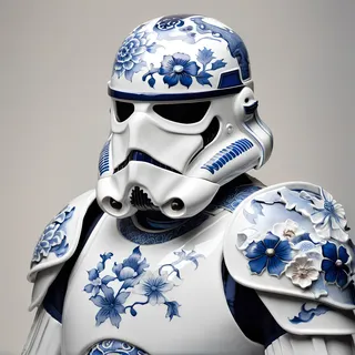 Photorealistic stormtrooper portrait with white helmet and armor decorated in Japanese porcelain blue and white Imari style featuring sea waves, flowers, and dragons
