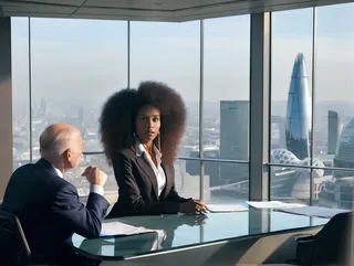 A young slim tall African female lawyer with big hair and a middle-aged white male lawyer in business suits sitting across from each other at a long boardroom desk in a modern office with giant windows overlooking futuristic London.