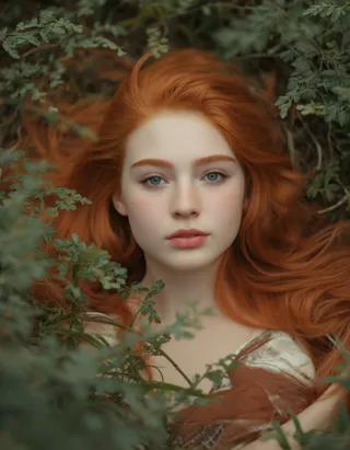 Close-up portrait of a young woman with vibrant ginger hair lying in a natural, green environment, gazing softly at the camera with a peaceful expression.