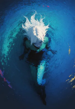 White-haired woman with blue eyes half-submerged in a multicolor sea of ink viewed from above, surrounded by vivid blues and subtle reds and yellows