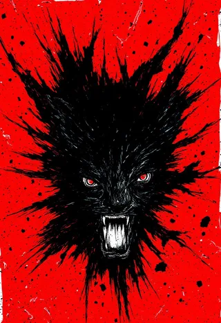 Grunge art featuring a snarling black cat with sharp fangs and intense red eyes, set against a distressed red background with ink splatters and torn paper textures.