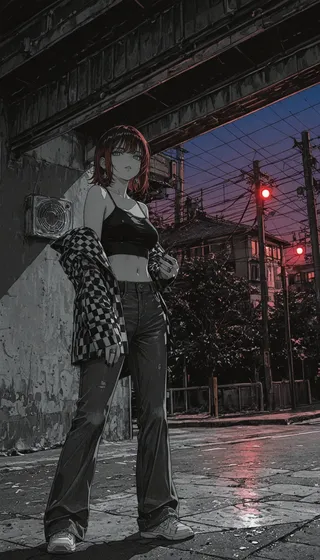 A confident girl with burgundy hair in greyscale stands under a bridge at night wearing a black crop top, checkered jacket, and denim pants.