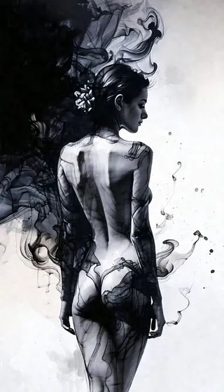 A detailed ink smoke painting of a nude woman seen from behind, looking over her shoulder, against a dark background with swirling smoke effects.