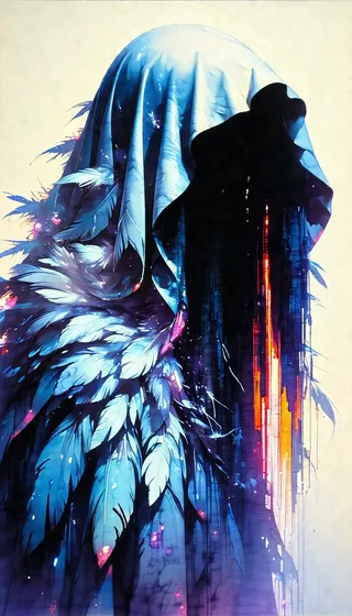 Closeup portrait of a faceless woman shrouded in a billowing feathered cloak with neon blue and black hues and mysterious glowing streaks