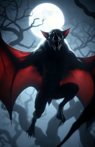 A dark, menacing bat-like creature with large red and black wings and sharp claws, snarling with sharp teeth, flying against a bright full moon with foggy twisted trees in the background.