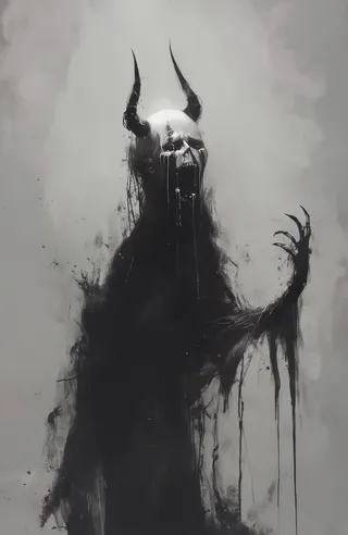 A dark, shadowy demon with prominent horns, a screaming skull-like face with black tears, and sharp claws, emerging from darkness in a gothic horror style.