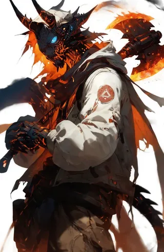 Dark-skinned cyberpunk demon with fiery orange and black scales, glowing blue cybernetic eyes, wearing a tattered white hooded jacket, orange scarf, and holding a large glowing fiery axe