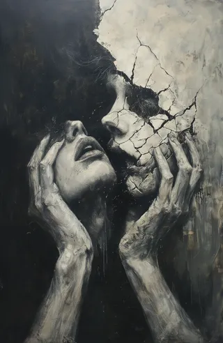 A surreal portrayal of a person's face held by two hands, with one side showing a cracked skull and the other a distressed expression, all in dark, muted tones.
