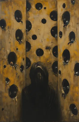 Dark cloaked figure surrounded by yellowish walls filled with multiple holes, each hole containing an eye with long lashes.