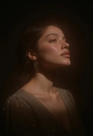 Close-up cinematic portrait of an ethereal woman in a dark satin dress with subtle silver embroidery, illuminated by ambient backlighting creating dramatic chiaroscuro and a subtle lens flare.