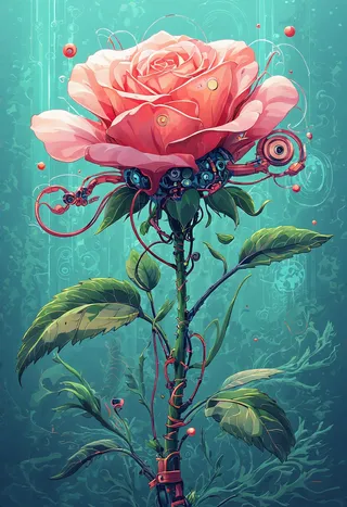 A detailed cybernetic rose blending natural petals with mechanical components on the stem, set against a futuristic teal background.