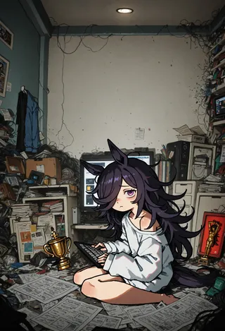 Anime girl with long dark hair and horse ears sitting in a messy room full of papers and trophies, typing on a keyboard while wearing an oversized off-shoulder shirt.
