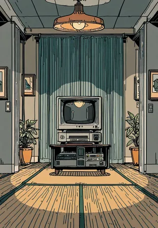 Interior of a cozy tatami room featuring a vintage tube TV with warm lamp light, stacked VHS tapes, and detailed clutter in a 1990s anime aesthetic.