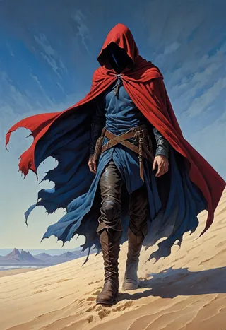 A mysterious faceless hooded figure wearing a tattered red cloak and blue garments walking through desert sand with armored boots under a blue sky.