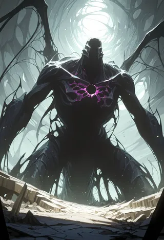 A towering dark faceless eldritch monster with a glowing purple void in its chest stands amidst broken rocky terrain under a swirling gray sky.