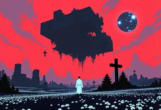 A surreal digital painting showing a lone figure in a white robe standing in a glowing flower field beneath a massive floating black monolith and a cosmic sphere amidst red mist and black crosses.