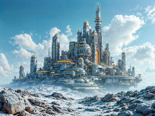 A futuristic island designed as a giant robot composed of intricate mechanical landscapes and metallic buildings with glowing orange lights, set against a clear blue sky with clouds and rocky snowy terrain in the foreground.