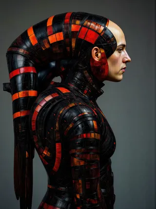 Profile of a Danish man wearing a black exoskeleton with bright red stripes and intricate segmented armor covering head and body