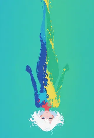Surreal image of a woman with white hair and blue eyes lying on her back, depicted from above, blending into a vivid multicolor sea of ink splashes on a simple turquoise background.