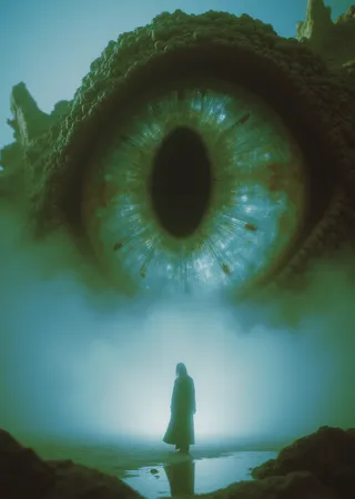 A massive, detailed dragon eye with a slit pupil dominates the misty landscape, as a small figure in a flowing black robe stands reflected in water below.