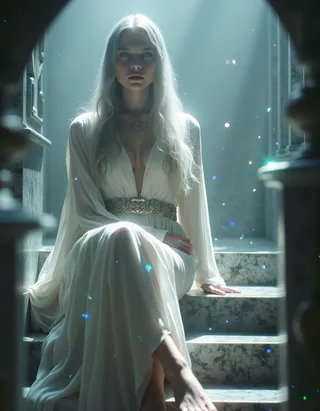 A woman with long silver hair and blue eyes sits barefoot on marble stairs, wearing a white belted dress, bathed in dramatic Rembrandt light with a surreal ambiance.