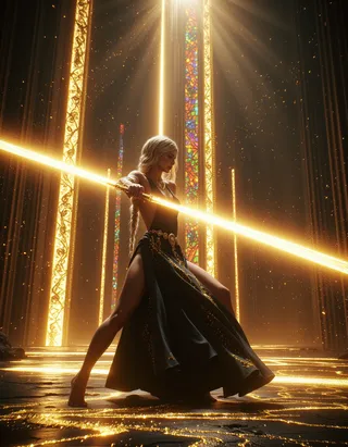 A blonde woman in a black gown adorned with gold ornaments holds a radiant glowing sword, striking a battle pose in a majestic, ruined cathedral illuminated by golden light and colorful stained glass.
