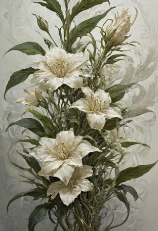 Detailed artwork of white lilies with green leaves in a botanical style, showing intricate petals and natural colors.