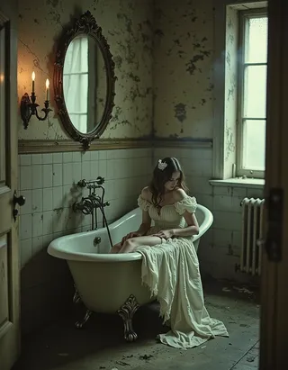 A woman in a vintage off-shoulder dress sitting fully clothed in an old clawfoot bathtub in a dimly lit, aged bathroom with peeling wallpaper and cracked tiles, softly illuminated by flickering candlelight.