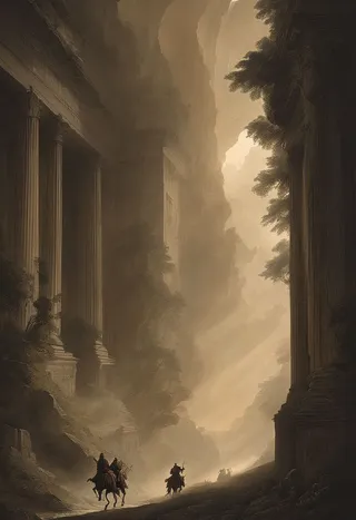 Foggy scene showing Nazgul riders on horseback moving through towering neoclassical ruins with god rays filtering through the mist from a low angle perspective, in ultra detailed pen and ink style.