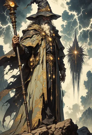 An arcane warrior wizard stands on rocky terrain, wearing a long tattered robe stitched with gold threads, adorned with luminous jewelry and clutching an ornate staff, under a stormy sky illuminated by lightning.
