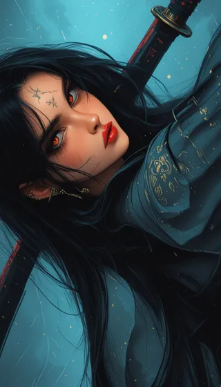 Digital painting of a female warrior with long dark hair, red eyes, and facial tattoos, holding a katana sword over her shoulder against a blue background.