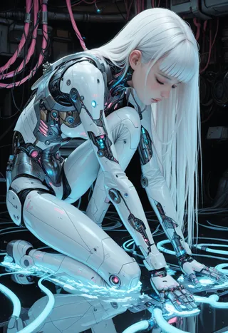 Robô humanoide futurista com cabelo branco longo ajoelhado em ambiente cyberpunk escuro com cabos azuis brilhantes e detalhes mecânicos intrincados no corpo robótico.