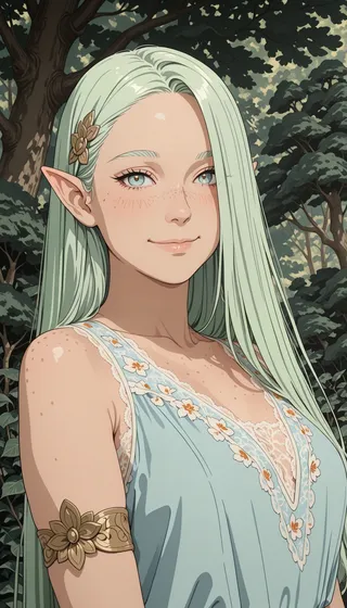 An anime-style elf girl with long light green hair, pointy ears, freckles, and a light blue floral summer dress, smiling softly in a dense forest background.