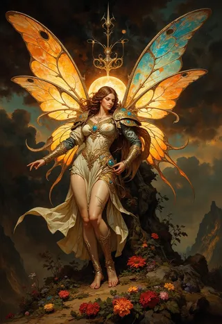 황금 갑옷과 나비 날개를 지닌 판타지 공주가 황금빛 아래 꽃으로 덮인 바위 지형 위에 맨발로 서 있으며, 사실적인 렘브란트 스타일로 그려져 있습니다.
