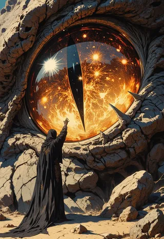 A gigantic amber dragon eye with intricate textures and glowing flecks of gold and red, reflected against a barren cracked ground where a hooded figure reaches out a hand.
