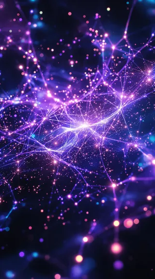 Ein lebendiges kosmisches Netz aus violetten, leuchtenden Lichtpunkten, die durch dünne Linien auf dunklem Hintergrund verbunden sind und künstliche neuronale Netze darstellen.