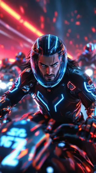 Man in sleek futuristic racing suit with pulsing blue neon lights riding a light cycle in a digital Tron-like arena surrounded by other racers.