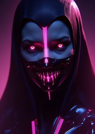 Ultra-realistic cinematic portrait of Mileena from Mortal Kombat showing glowing intense pink eyes, sharp unnatural teeth, wearing a dark magenta and black ninja outfit with soft cinematic lighting and a dark fantasy tone.