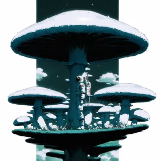 An astronaut in a white space suit stands on a platform surrounded by gigantic mushrooms with white caps, under a starry sky with green clouds and white alien plants.