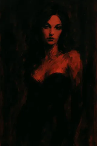 Abstract digital painting of a seductive woman in a dark color palette of black and red, with dramatic contrast and bold brush strokes.