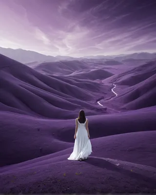 A solitary figure in a flowing white dress stands on surreal purple hills under a lavender sky, gazing at a winding stream.