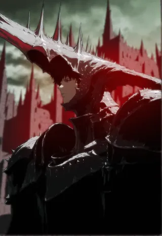 A dark knight wearing detailed spiked armor and a large, horned helmet, turning his head to the side with a blurred red and gray castle in the background.